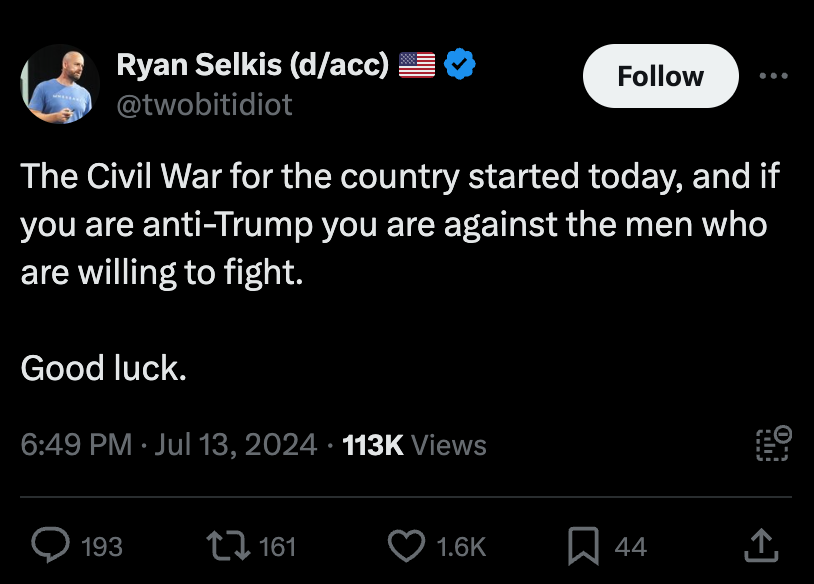 Tweet by Ryan Selkis: "The Civil War for the country started today, and if you are anti-Trump you are against the men who are willing to fight.
Good luck."