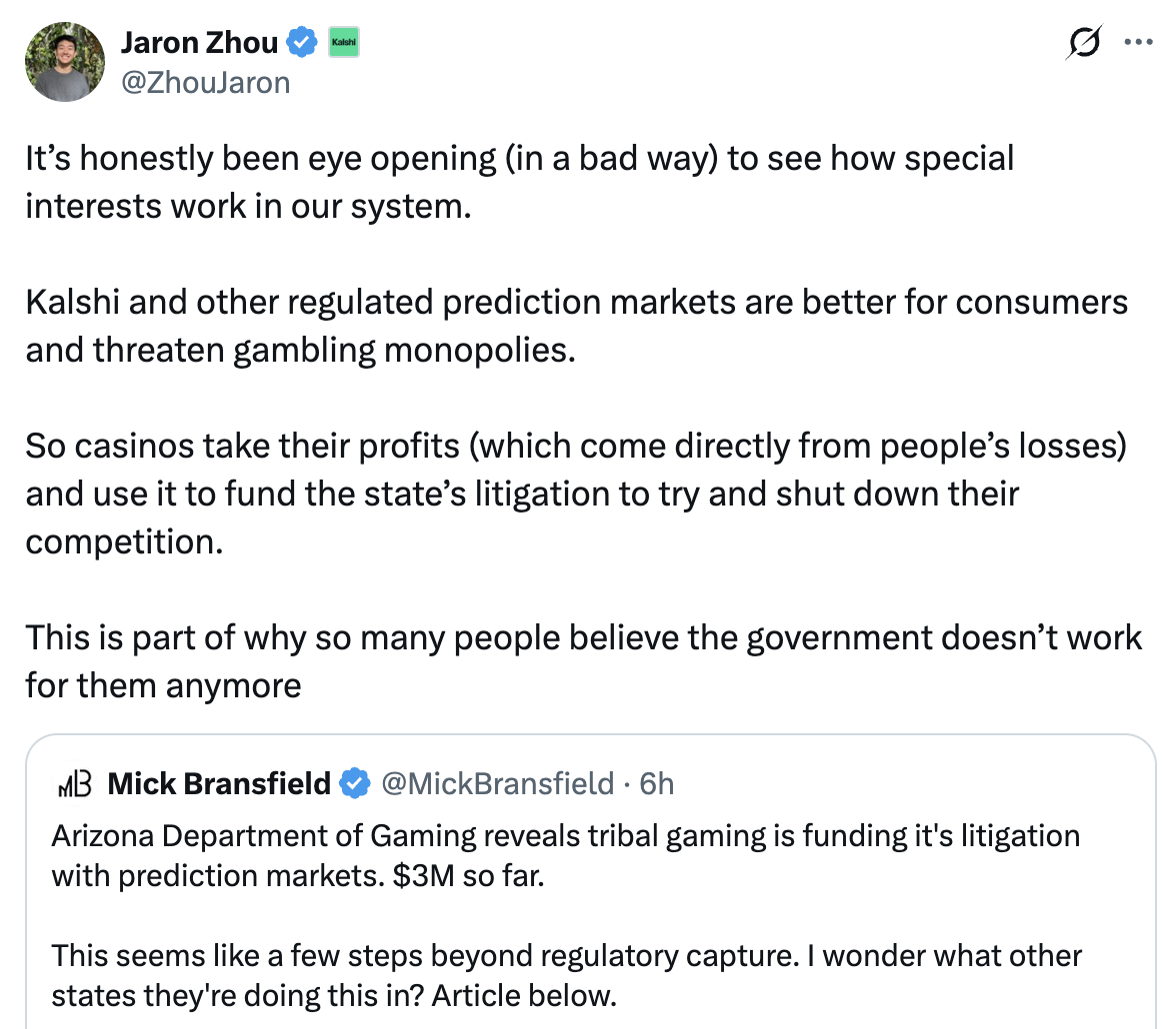 It’s honestly been eye opening (in a bad way) to see how special interests work in our system. Kalshi and other regulated prediction markets are better for consumers and threaten gambling monopolies. So casinos take their profits (which come directly from people’s losses) and use it to fund the state’s litigation to try and shut down their competition. This is part of why so many people believe the government doesn’t work for them anymore